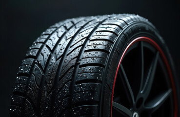 Car tire detail showing wet tread pattern and red rim accent. High performance rubber ensures safety and traction on any road surface. Advanced grip for all season driving conditions.