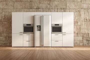 Fototapeta premium Modern kitchen with white cabinets, built-in ovens, and refrigerator.