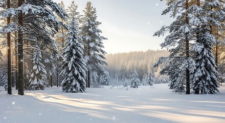 Winter wonderland snow scene with pine trees covered in snow for christmas holiday background image stock photo