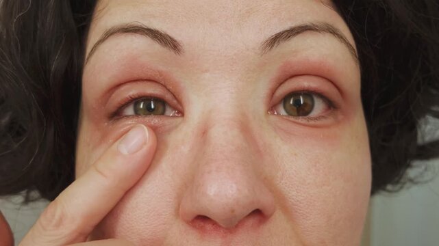 Caucasian woman showing her swollen eyes with red allergic reaction. Eczema or peeling psoriasis on face skin. Inflamed dry skin, seasonal dermatological disease. Beautiful female iris hetero chromia.