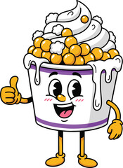 Cartoon dessert cup character with whipped cream and toppings, smiling frozen yogurt ice cream mascot, fun food design, cad drawing flat vector illustration