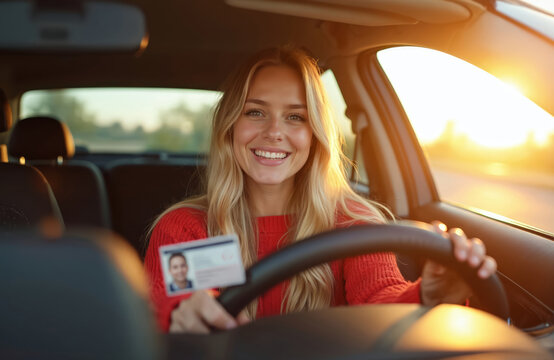 Young blonde woman sits in car, smiling, holding new driver license. Happy, proud after passing driving test, achieving personal milestone. Golden sunset light illuminates vehicle interior. Girl