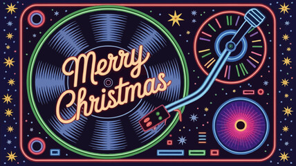 Retro neon sign of a vintage record player with merry christmas text glowing brightly on the vinyl disc
