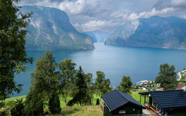 Aerial view of Aurlandsfjord, a branch of the Sognefjord, Norway's longest fjord. Norway