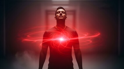 Man with eyes closed, chest glowing with red energy, standing in a dim hallway