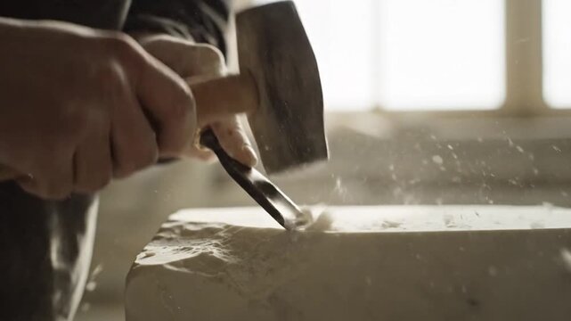 Sculptor's hands carving stone with a chisel in slow motion.