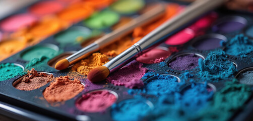 Fototapeta premium Colorful makeup palette with brushes for eye shadow application. Cosmetic powders in many shades like blue pink orange and green. Professional beauty artist tools spread on surface.