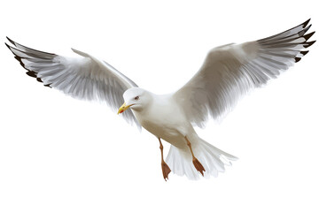 Obraz premium Seagull with open beak soaring against a transparent background, showcasing its wings and vibrant plumage in mid-flight