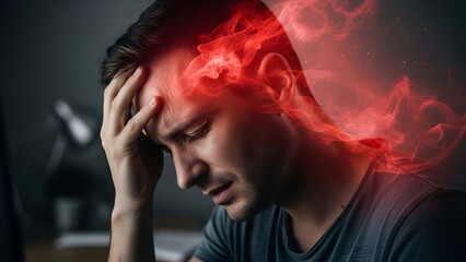 A stressed man with headache, visualized by digital artistic red energy effects