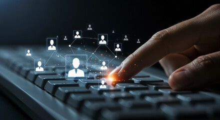 Digital Networking Finger Tap on Keyboard Connecting People Online Social Media Engagement and Collaboration Tech