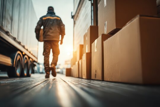 A logistics worker walks past shipping boxes and a truck at a bustling dock.