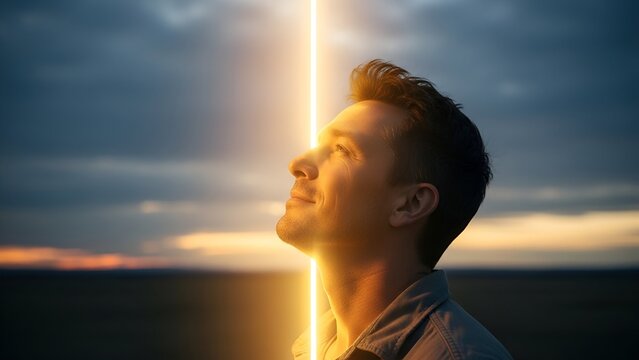 Man gazing upward at a bright vertical beam of light against a sunset-hued sky