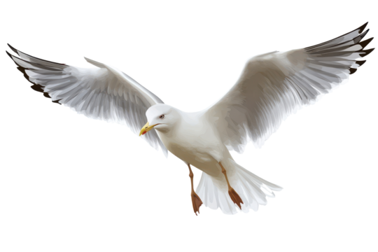 Seagull with open beak soaring against a transparent background, showcasing its wings and vibrant plumage in mid-flight