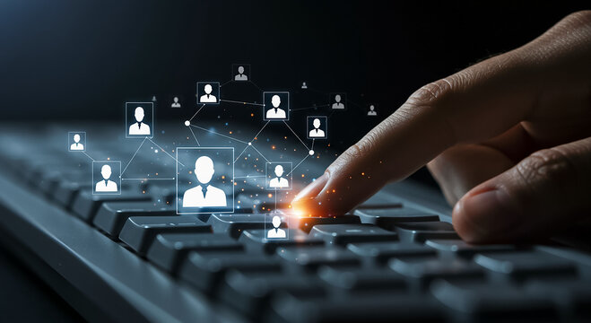 Digital Networking Finger Tap on Keyboard Connecting People Online Social Media Engagement and Collaboration Tech