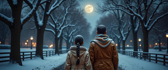 Romantic couple walking in snowy city at night under full moon  
