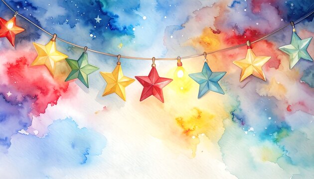 Watercolor stars strung on a string against a colorful starry background