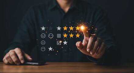 Customer feedback with five star rating experience review satisfaction level online survey mobile app positive service