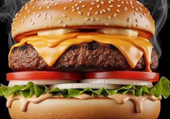 Juicy Close-up of a Steaming Classic Cheeseburger: Thick Beef Patty, Melted Cheddar, Fresh Lettuce, Tomato, Onion, and Sesame Seed Bun on Black Background.