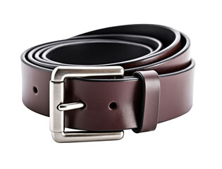 Rolled dark brown leather belt with silver buckle isolated on black background isolated on white background isolated on transparent background