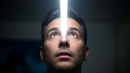 A man gazes upwards, illuminated by a beam of light. Focus on his face and open eyes