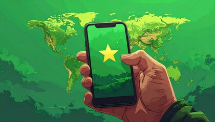 Hand holding a phone displaying a star-shaped icon against a nature scene, with a blurred world map in the background