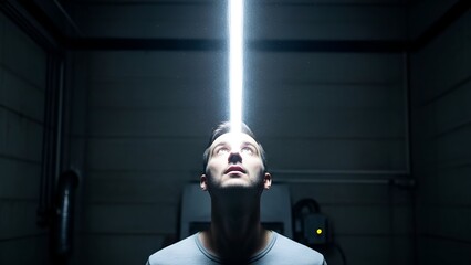 A man looking up at a bright light beam descending from the top in a dimly lit room