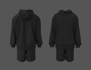 Oversized men’s hoodie and shorts set mockup. Long sleeve streetwear outfit, front and back view © Febriana