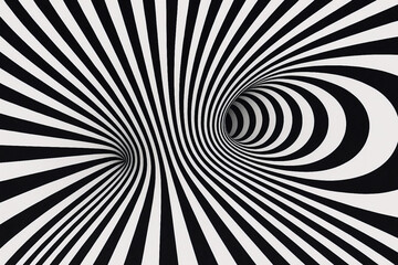  A striking black and white tunnel of curved stripes creates a dizzying optical illusion. The hypnotic spiral and tunnel depth evoke motion and abstraction, ideal for design projects