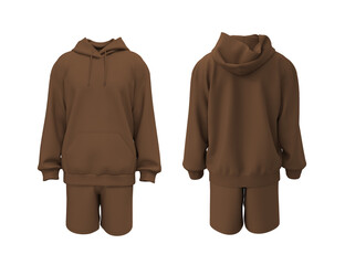 Oversized men’s hoodie and shorts set mockup. Long sleeve streetwear outfit, front and back view