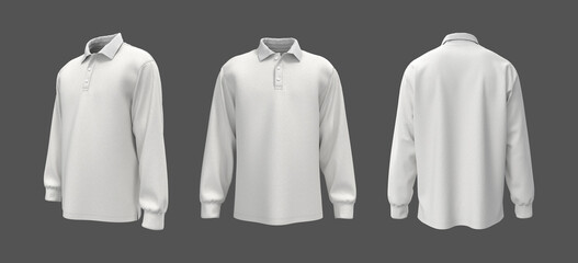 Oversized men’s long sleeve polo shirt mockup. Front, side and back view. 3d illustration, 3d rendering