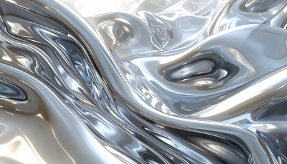 Abstract 3D rendering depicts a fluid, glossy metallic surface with undulating forms.