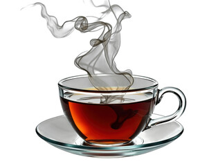 Steaming cup of black tea on a saucer isolated on transparent background isolated on white background