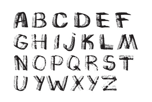 Grunge capital letters, stencil graffiti font with distressed brush strokes. Bold punk typography in retro ink style on white background. Vector typeface for posters, t-shirts, and urban design