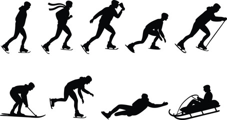 Dynamic winter sports silhouettes for action scenes Speed skating, sledding, and downhill skiing adventure for vibrant designs and visuals