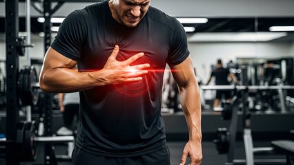 Man experiencing chest pain at gym, highlighted by red glow, other people visible in background