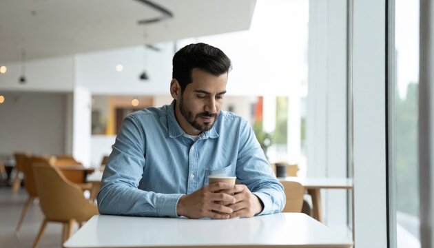 Man with Coffee Cup Sitting by Cafe Window, Quiet Morning Reflection and Lifestyle