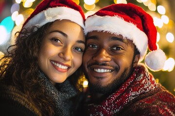 joyful couple poses close together, both wearing Santa hats. They smile brightly in front of decorated Christmas tree glowing with colorful lights during holiday season