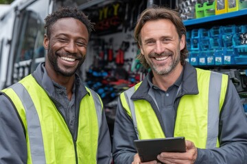 Two smiling professional diverse service technicians by their work van.