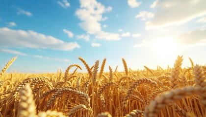 Golden wheat field flourishes under a vibrant blue sky dotted with fluffy white clouds, bathed in the warm glow of the sun, creating a picturesque summer scene. The  shows details of the wheat stalks.