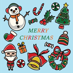 Christmas vector set with Santa, Christmas set of decorative elements and characters for design, Christmas Element Set, Christmas Collection, Christmas icons, including Santa, wreath, ornaments.