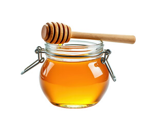 Glass jar of golden honey with wooden dipper isolated on black background isolated on white background isolated on transparent background