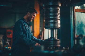 Focused factory worker operating industrial machinery in a manufacturing plant.