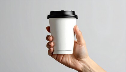 Hand holding a white paper coffee cup with a black lid, on a pale gray backdrop