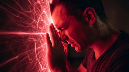 A man grimaces as bright red energy emanates from his head, his hands pressed against a wall