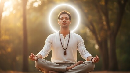 A man meditates with a glowing aura around his head. Outdoor setting, trees