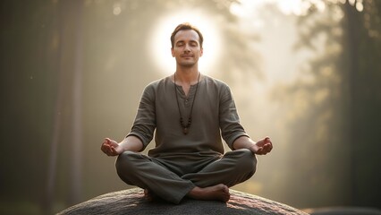A man meditates with eyes closed atop a rock in a serene, sun-dappled forest setting