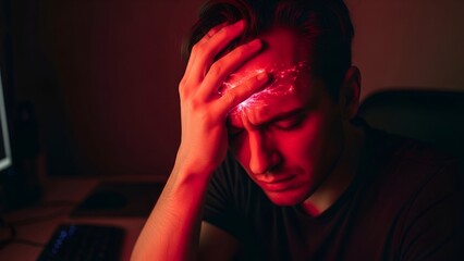 A person with a headache illuminated by red light, holding their head in anguish