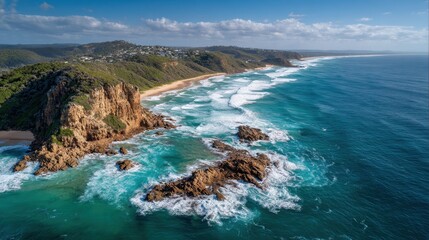 Obraz premium Scenic coastal view with rocky formations and crashing waves at a sunny beach location
