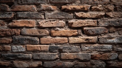 Obraz premium A textured brick wall featuring various shades of brown and gray, showcasing the rustic charm of aged materials.