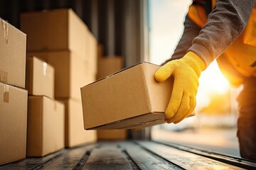 Gloved hand loading a box into a delivery truck, efficient logistics.
